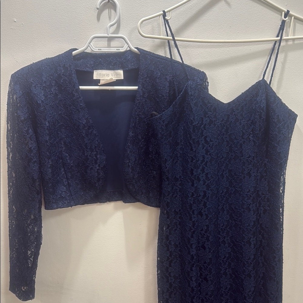 SET- Elegant Navy Lace Maxi Dress with Jacket